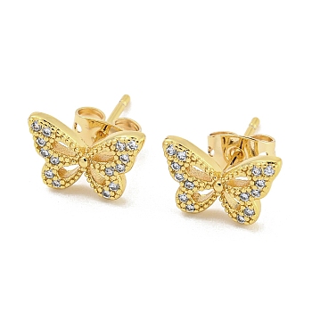 Brass Micro Pave Cubic Zirconia Ear Studs, Butterfly, Real 18K Gold Plated, 8x12mm