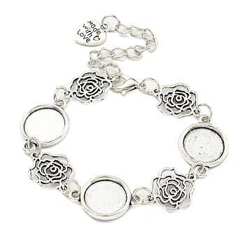 Antique Silver Plated Alloy Link Chain Bracelet Making, Fit for Cabochons, Flower, 6-3/8 inch(16.3cm), Tray: 12mm