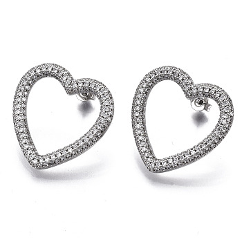 Brass Micro Pave Clear Cubic Zirconia Stud Earrings, with Ear Nuts, Heart, Nickel Free, Platinum, 25x25mm, Pin: 0.8mm