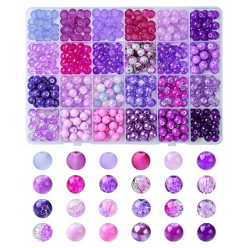 528Pcs 24 Styles Glass Beads Strands, Mixed Styles, Round, Purple, 8~9mm, Hole: 1.3~1.6mm, 22pcs/style