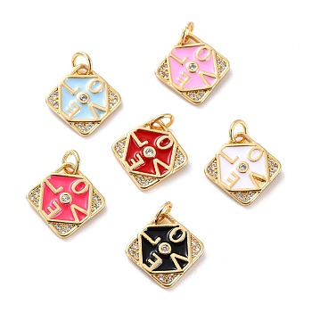 Brass Micro Pave Cubic Zirconia Pendants, with Enamel, Long-Lasting Plated, Cadmium Free & Lead Free, Real 18K Gold Plated, Rhombus with Word LOVE, Mixed Color, 11.5x11.5x2mm, Hole: 3.6mm