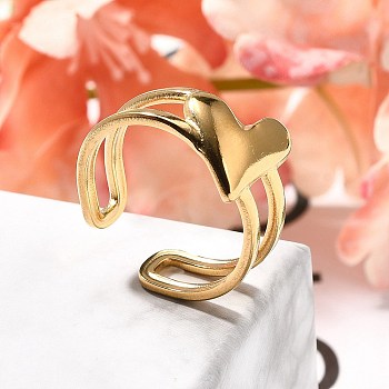 304 Stainless Steel Open Cuff Rings for Women, Heart, Real 18K Gold Plated, Heart: 11.5x11mm, Adjustable