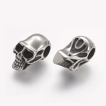 304 Stainless Steel European Beads, Skull, Large Hole Beads, Antique Silver, 21x10.5x11.5mm, Hole: 5mm