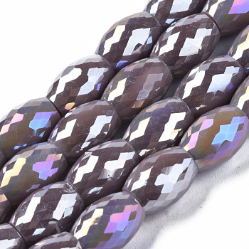 Electroplate Glass Beads Strands, AB Color Plated, Faceted, Oval, Rosy Brown, 11x8mm, Hole: 1.2mm, about 60pcs/strand, 26.38 inch(67cm)