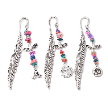 Tibetan Style Alloy Feather Bookmark, with Synthetic Turquoise Beads and Yoga Charm, Antique Silver, 115x12x3mm