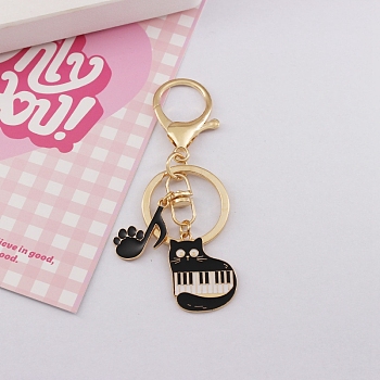 Zinc Alloy Enamel Cat with Piano & Musical Note Pendant Keychain, for Bag Car Key Decoration, Black, 9cm