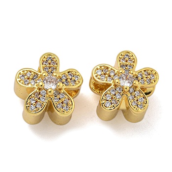 Rack Plating Brass  Micro Pave Cubic Zirconia Beads, Long-Lasting Plated, Cadmium Free & Lead Free, Flower, Real 18K Gold Plated, 11.5x11.5x10.5mm, Hole: 4mm