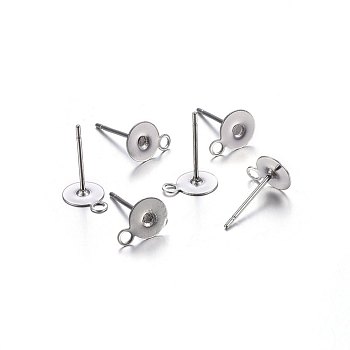 Non-Tarnish 304 Stainless Steel Stud Earring Findings, with Loop, Flat Round, Stainless Steel Color, 12x6x0.4mm, Hole: 1.5mm, Pin: 0.8mm