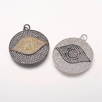 Brass Micro Pave Cubic Zirconia Pendants, Flat Round with Eye, Mixed Color, 37x34x3mm, Hole: 4mm