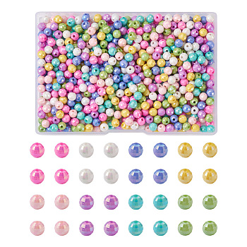 PandaHall Jewelry 800Pcs 8 Colors Opaque Acrylic Beads, AB Color Plated, Faceted, Round, Mixed Color, 6x5.5mm, Hole: 1.5mm, 100pcs/color