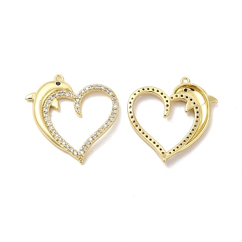 Brass Micro Pave Cubic Zirconia Pendants, Heart with Dolphin Charm, Real 18K Gold Plated, 20x22.5x2mm, Hole: 1mm