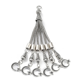 Tibetan Style Alloy Curb Chain Tassel Big Pendants, Moon with Star, Antique Silver, 100x9mm, Hole: 5mm