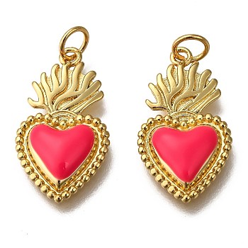 Golden Tone Brass Enamel Pendants, with Jump Rings, Long-Lasting Plated, Heart, Deep Pink, 22x12x3mm, Hole: 3.5mm
