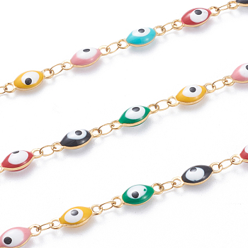 304 Stainless Steel Link Chains, with Enamelled Sequins, Soldered, Oval and Eye, Golden, 6x15.5x3.5mm