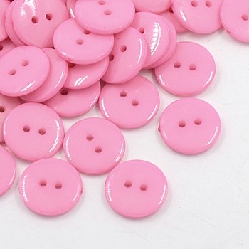 Acrylic Sewing Buttons, Plastic Buttons for Costume Design, 2-Hole, Dyed, Flat Round, Pink, 15x2mm, Hole: 1mm