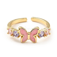 Enamel Butterfly Open Cuff Ring with Cubic Zirconia, Brass Jewelry for Women, Cadmium Free & Lead Free, Real 18K Gold Plated, US Size 6 1/4(16.7mm)(KK-D080-03G)
