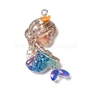 Ocean Theme Transparent Resin Pendants, Sea Animal Charms with Paillette and Platinum Tone Iron Loops, Mermaid, 39x22.5x6.5mm, Hole: 2mm(RESI-P029-07P-D)