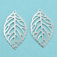 Eco-friendly Brass Pendants, Cadmium Free & Lead Free, Hollow, Leaf Charm, 925 Sterling Silver Plated, 27x16x0.5mm, Hole: 1mm(KK-M257-12S)