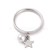 Dual-use Items, 304 Stainless Steel Finger Rings or Pendants, with Plastic Round Beads, Star, White, Stainless Steel Color, US Size 7(17.3mm)(RJEW-O045-15C-P)