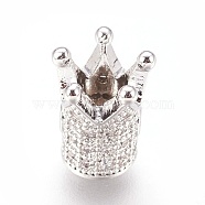 Brass Micro Pave Cubic Zirconia Beads, Crown, Clear, Real Platinum Plated, 10x8mm, Hole: 1.4mm(X-ZIRC-F088-029P)