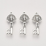 Tibetan Style Alloy Pendants,  Cadmium Free & Lead Free, Key with Saint Benedict, with Word CssmlNdsmd, Antique Silver, 24x10x2mm, Hole: 1.2mm, about 155pcs/500g(TIBEP-T009-18AS-RS)