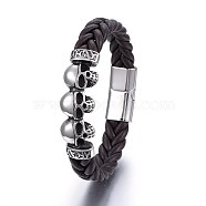 Leather Cord Bracelets, with 304 Stainless Steel Magnetic Clasp, Skull, Antique Silver & Stainless Steel Color, 8-5/8 inch(22cm), 13~17x6~9mm(BJEW-G603-19)