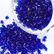Grade A Glass Seed Beads, Hexagon(Two Cut), Transparent Colours, Blue, 1.5~2.5x1.5~2mm, Hole: 0.8mm, about 2100pcs/bag, 450g/bag(SEED-S022-02H)