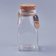 Glass Bottle, with Cork Stopper & Tags, Wishing Bottle, Square, Clear, 10.4x4.93cm, Capacity: 100ml(3.38 fl. oz), Bottleneck: 36.5mm in diameter(X-CON-WH0066-01)