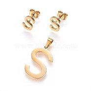 304 Stainless Steel Pendants and Stud Earrings Jewelry Sets, Alphabet, Letter.S, 20~23x13~19x1.5mm, Hole: 6x3mm, 6~10x6~9x1mm, Pin: 0.8mm(SJEW-P099-19G)