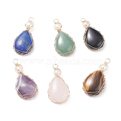 Natural Gemstone Copper Wire Wrapped Pendants, with Grade A Natural Cultured Freshwater Pearl, Real 18K Gold Plated, Teardrop, 38~43x19~19.5x8~8.5mm, Hole: 3.5~3.8mm(PALLOY-JF01398)