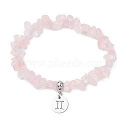 Natural Rose Quartz Chip Beaded Stretch Bracelets, 304 Stainless Steel Gemini Charm Bracelets for Women, Inner Diameter: 1-7/8~2-1/4 inch(4.8~5.7cm)(BJEW-JB11133-05)