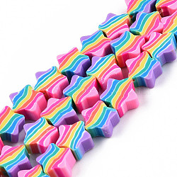 Handmade Polymer Clay Beads Strands, Star with Stripe Pattern, Colorful, 9.5~10x9.5~10x4.5~5mm, Hole: 1.4~1.5mm, about 40pcs/strand, 14.37 inch(36.5cm)(X-CLAY-N010-083)