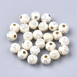 Plating Acrylic Beads, Silver Metal Enlaced, Round with Cross, Beige, 8mm, Hole: 2mm(X-PACR-Q113-10M)