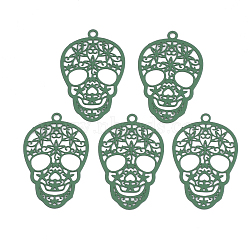 430 Stainless Steel Filigree Pendants, Spray Painted, Etched Metal Embellishments, Skull, Green, 23x15x0.5mm, Hole: 1.2mm(STAS-S108-23B)