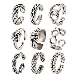 9Pcs 9 Style Alloy Cuff Finger Rings, Open Rings, Antique Silver, 5~12mm, Inner Diameter: 16~18mm, 1pc/style(RJEW-LS0001-28AS)