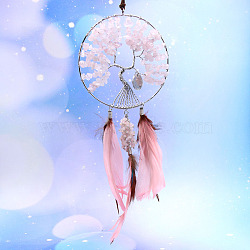 Woven Net/Web with Feather Natural Rose Quartz Chips Pendant Decorations, with Wire Wrapped Flat Round with Tree of Life, for Home, Car Interior Ornaments, Pink, 200~250mm(TREE-PW0003-03D)