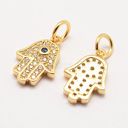 Brass Micro Pave Grade AAA Cubic Zirconia Charms, Long-Lasting Plated, Hamsa Hand/Hand of Fatima/Hand of Miriam, Cadmium Free & Nickel Free & Lead Free, Real 18K Gold Plated,13x9x2mm, Hole: 3mm(X-ZIRC-G090-22G-NR)