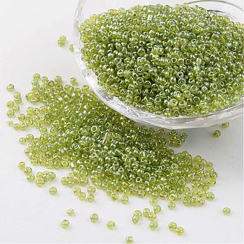Round Glass Seed Beads, Trans. Colours Lustered, Yellow Green, Size: about 2mm in diameter, hole: 1mm, about 3306pcs/50g