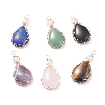 Natural Gemstone Copper Wire Wrapped Pendants, with Grade A Natural Cultured Freshwater Pearl, Real 18K Gold Plated, Teardrop, 38~43x19~19.5x8~8.5mm, Hole: 3.5~3.8mm