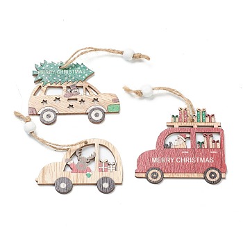 Christmas Themed Natural Wood Pendant Decorations, with Hemp Cord, Car with Snowman/Elk/Santa Claus, Colorful, 125~145mm, 9pcs/box