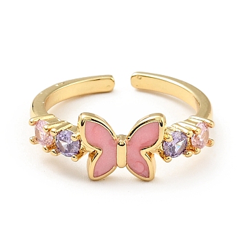 Enamel Butterfly Open Cuff Ring with Cubic Zirconia, Brass Jewelry for Women, Cadmium Free & Lead Free, Real 18K Gold Plated, US Size 6 1/4(16.7mm)