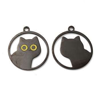 201 Stainless Steel Pendants, with Enamel, Ring with Cat Charm, Electrophoresis Black, 28x25x1.5mm, Hole: 2mm