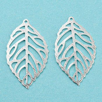 Eco-friendly Brass Pendants, Cadmium Free & Lead Free, Hollow, Leaf Charm, 925 Sterling Silver Plated, 27x16x0.5mm, Hole: 1mm