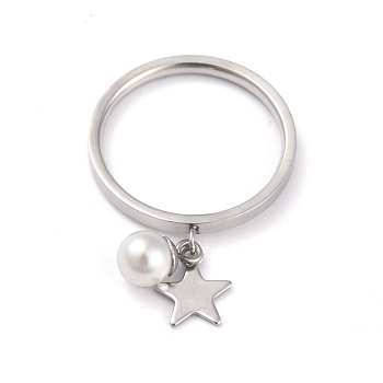 Dual-use Items, 304 Stainless Steel Finger Rings or Pendants, with Plastic Round Beads, Star, White, Stainless Steel Color, US Size 7(17.3mm)