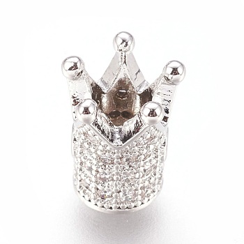 Brass Micro Pave Cubic Zirconia Beads, Crown, Clear, Real Platinum Plated, 10x8mm, Hole: 1.4mm