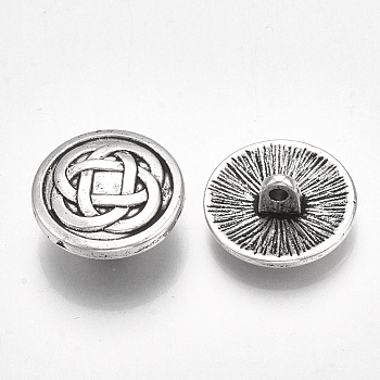 Tibetan Style Alloy Shank Buttons, Cadmium Free & Lead Free, Flat Round with Knot, Antique Silver, 17x7mm, Hole: 1.8mm