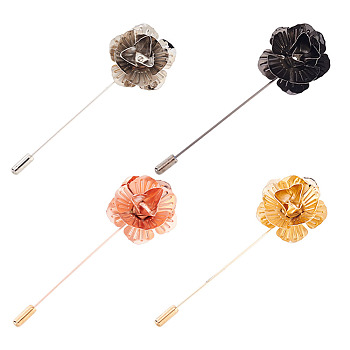 4Pcs 4 Colors Alloy Flower Lapel Pins, Floral Brooch Pins for Men Women, Mixed Color, 87mm, 1Pc/color