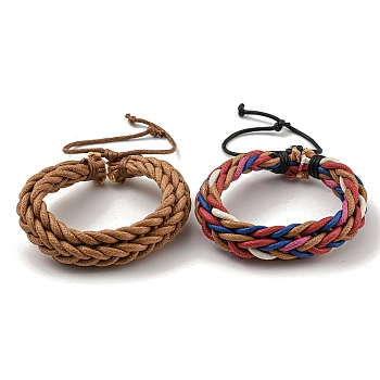 Adjustable PU Leather Cords Braided Double Layer Multi-strand Bracelets, Mixed Color, Inner Diameter: 2-3/8~3-1/4 inch(5.9~8.2cm)