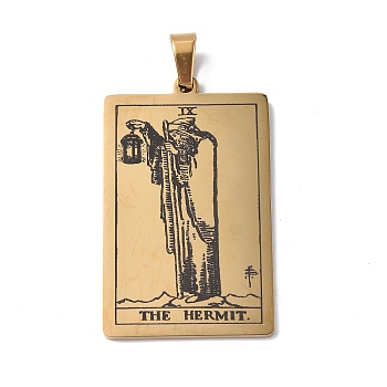 201 Stainless Steel Pendant, Golden, Rectangle with Tarot Pattern, The Hermit IX, 40x24x1.5mm, Hole: 4x7mm