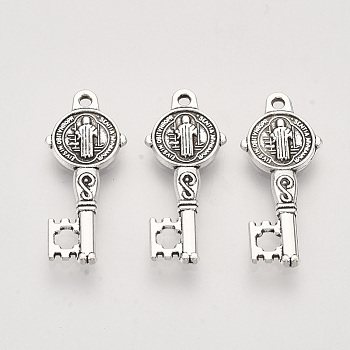 Tibetan Style Alloy Pendants,  Cadmium Free & Lead Free, Key with Saint Benedict, with Word CssmlNdsmd, Antique Silver, 24x10x2mm, Hole: 1.2mm, about 155pcs/500g